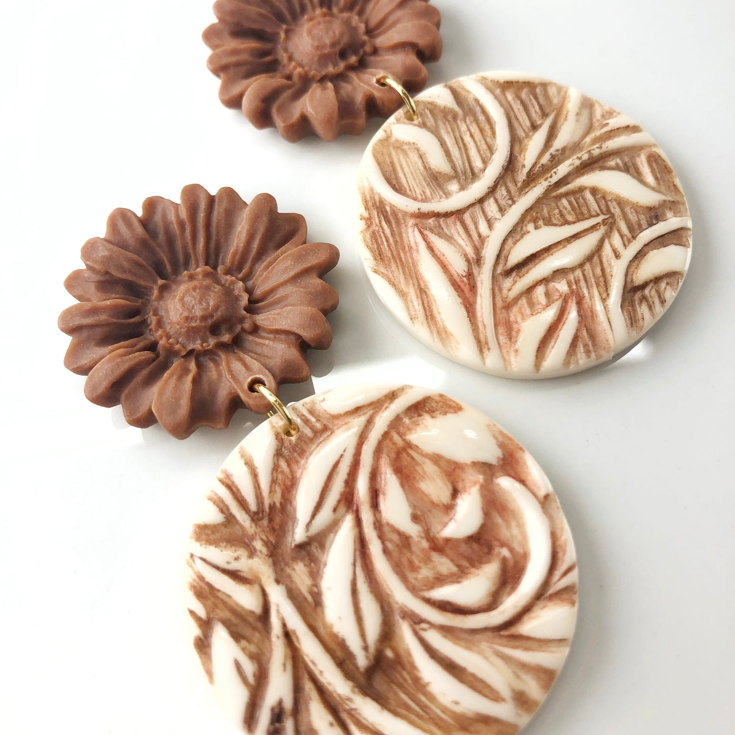 Boho Brown Floral Statement Earrings | Handmade Polymer Clay Dangle Earrings