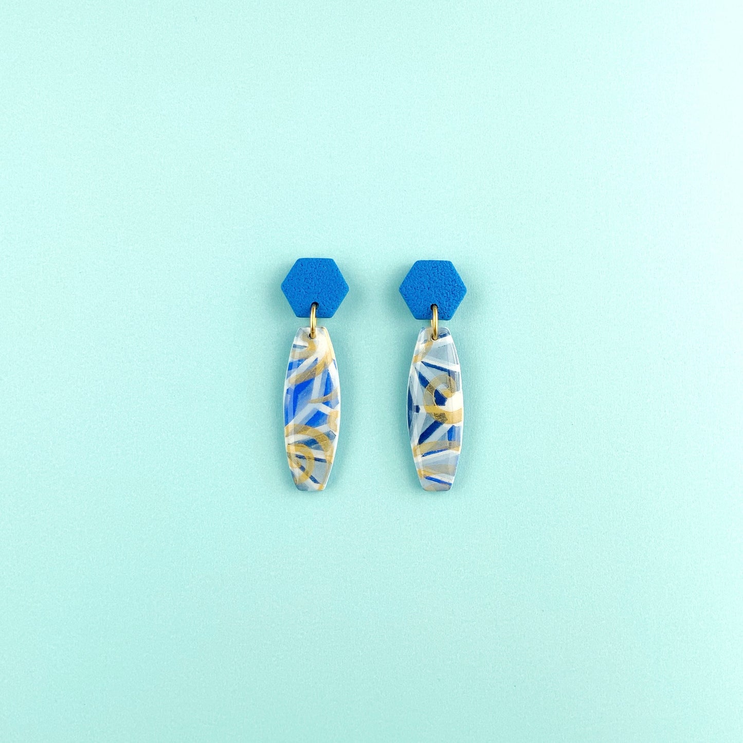 Blue-Gold Bar Earrings with Hexagon Clay Post