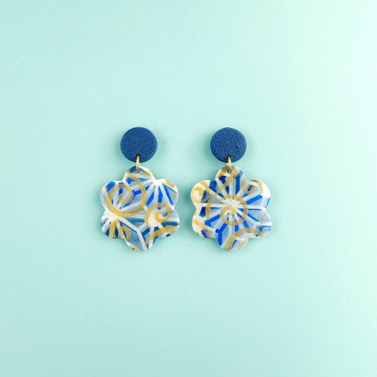 Blue-Gold Flower Dangle Earrings