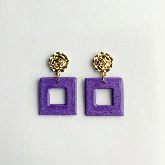 Purple Square Earrings with Flower Brass Post