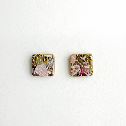 Square Flower Print Stud Earrings-Small Size