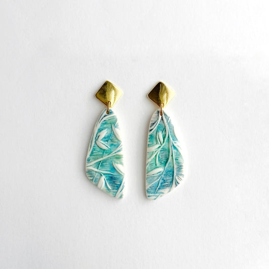 Blue Foliage Earrings-Diamond Brass Post