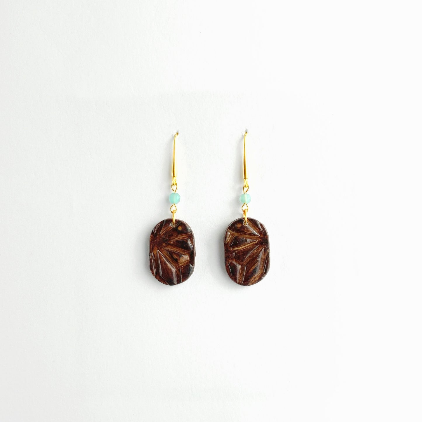 Faux Wood Textured Earrings with Round Glass Beads