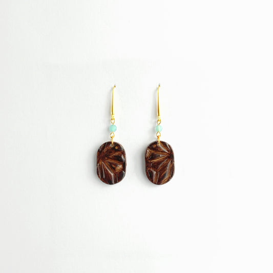 Faux Wood Textured Earrings with Round Glass Beads