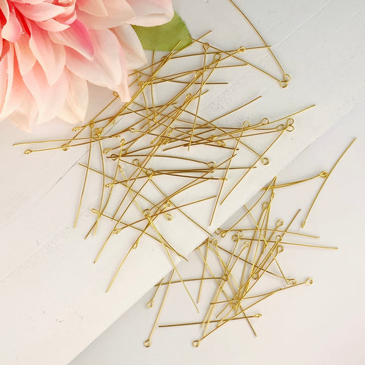 18K Gold Plated Stainless Steel Eye Head Pins – 2” Long, 21 Gauge, Pack of 20