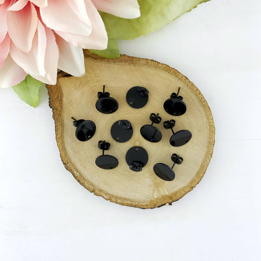 304 Stainless Steel Black Stud Earrings 12mm Flat Round, 10pcs