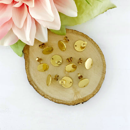 Stainless Steel Gold Stud Earrings 12mm Flat Round, 10pcs