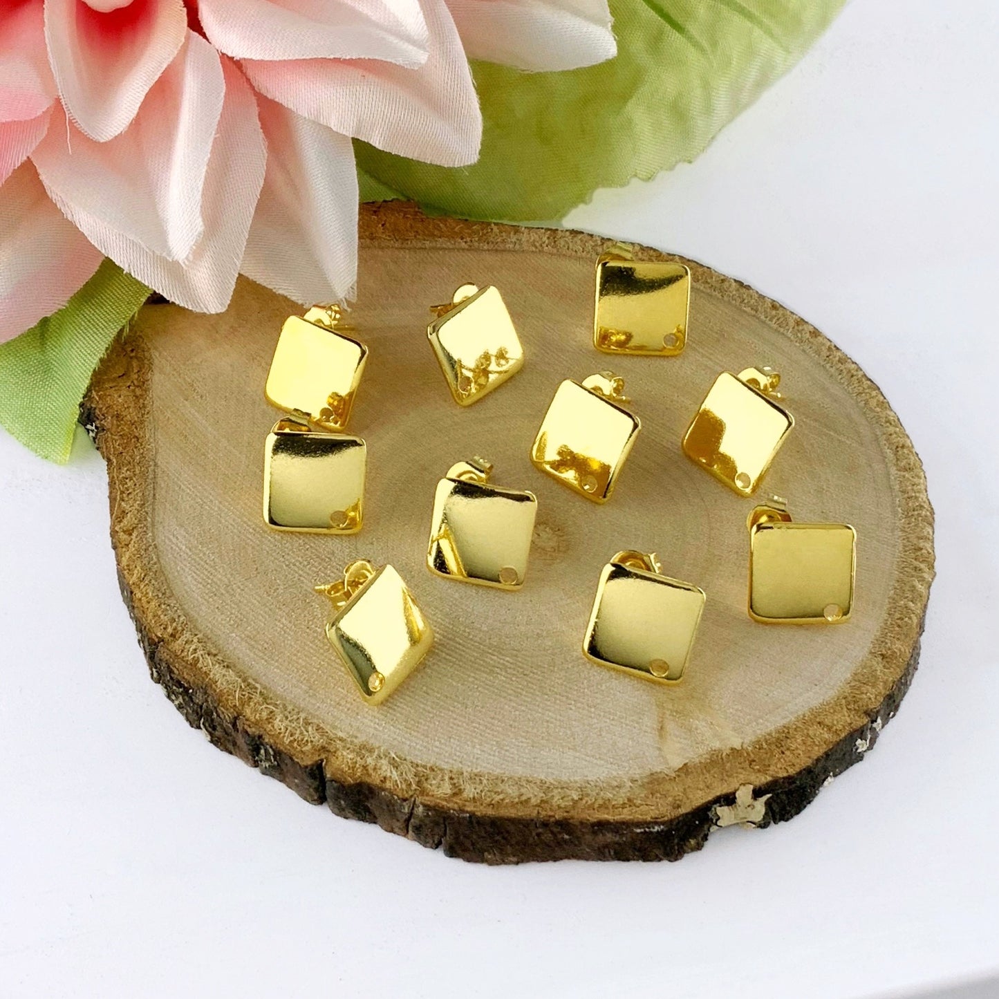Gold Stainless Steel Diamond Stud Earrings 10x10mm, 18K Plated, 10pcs
