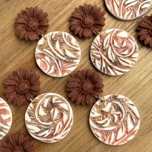Boho Brown Floral Statement Earrings | Handmade Polymer Clay Dangle Earrings
