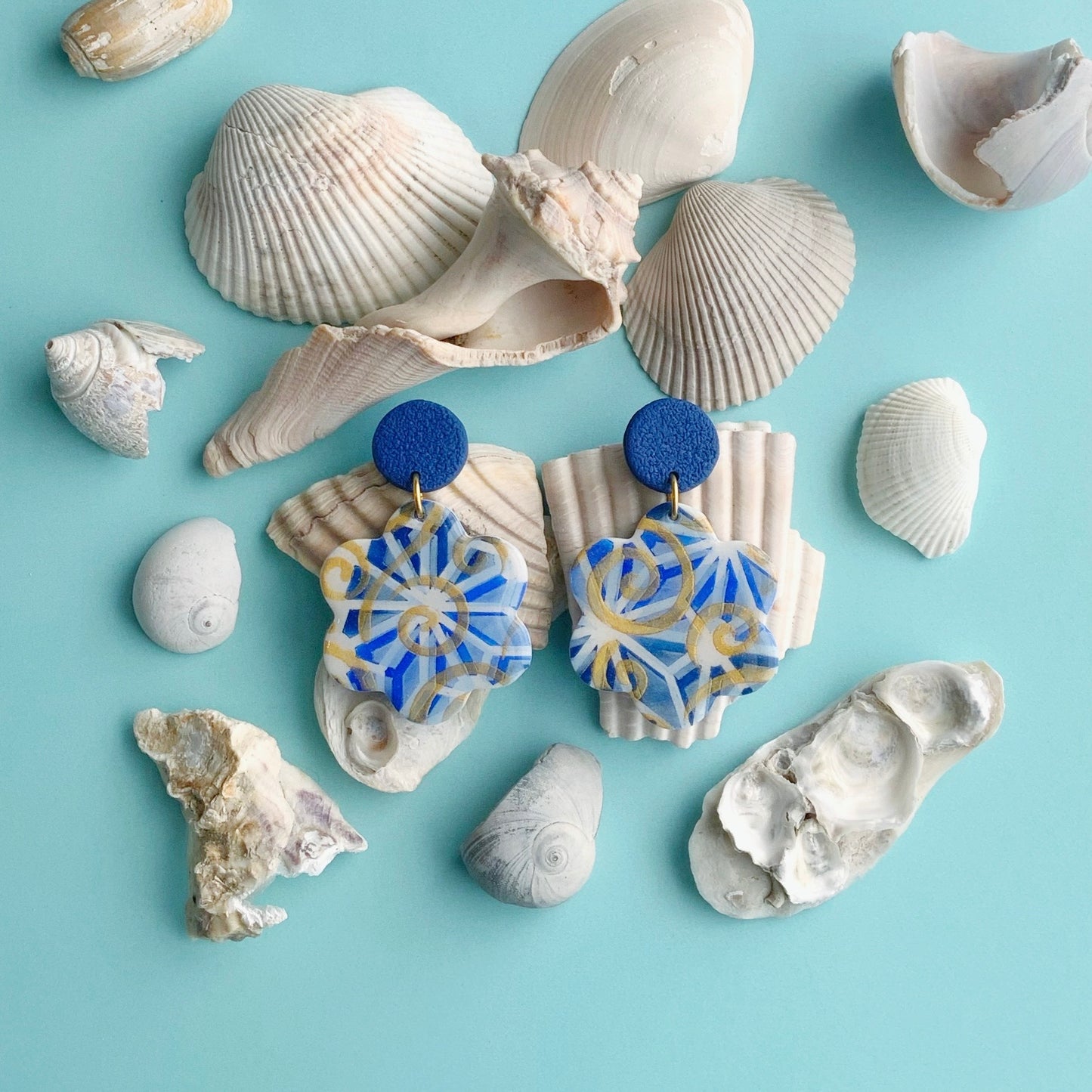 Blue-Gold Flower Dangle Earrings