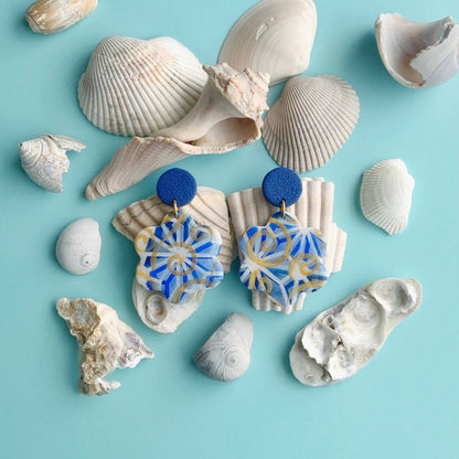 Blue-Gold Flower Dangle Earrings