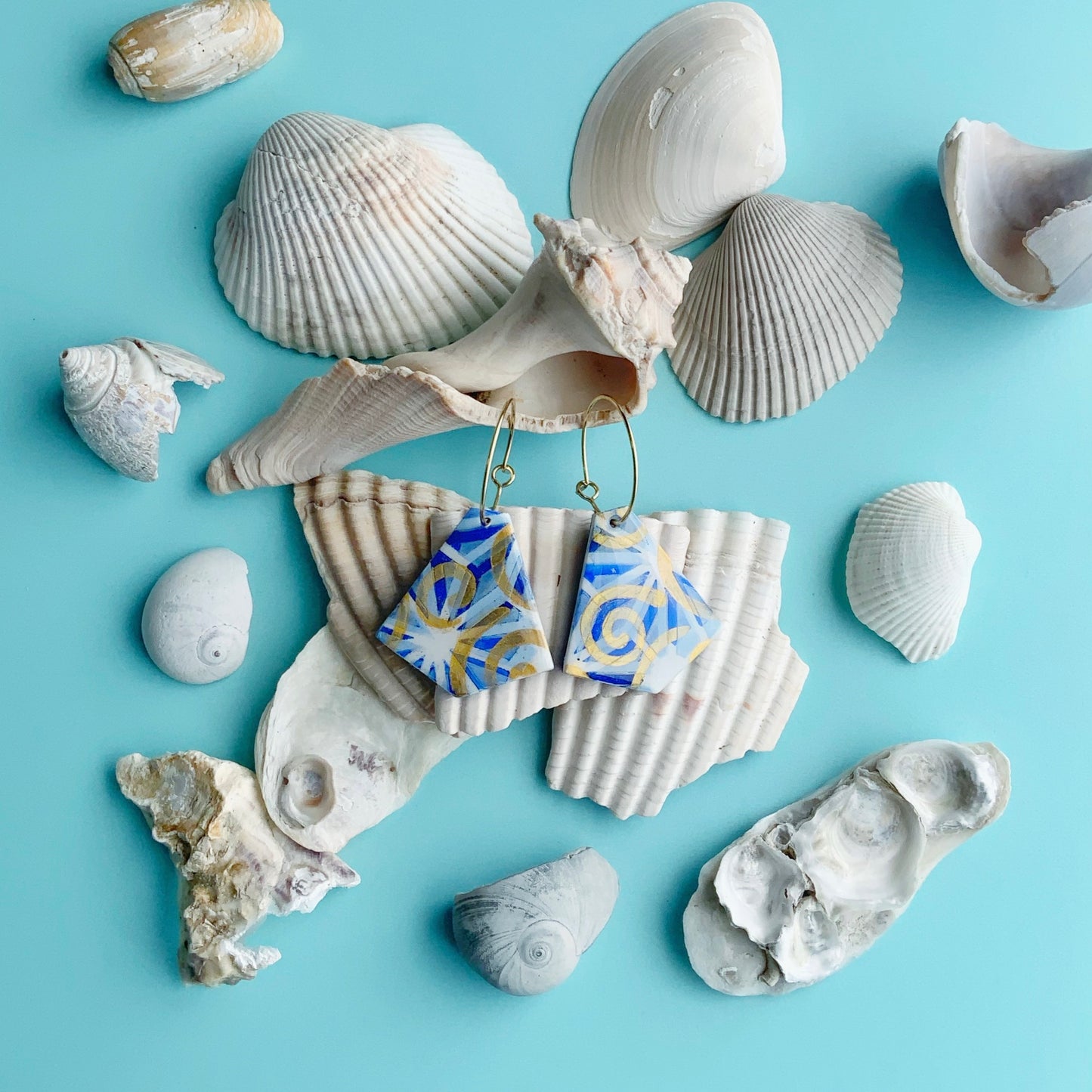 Blue-Gold Triangle Hoop Earrings