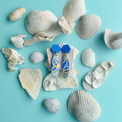 Blue-Gold Bar Earrings with Hexagon Clay Post