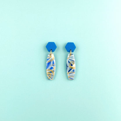 Blue-Gold Bar Earrings with Hexagon Clay Post