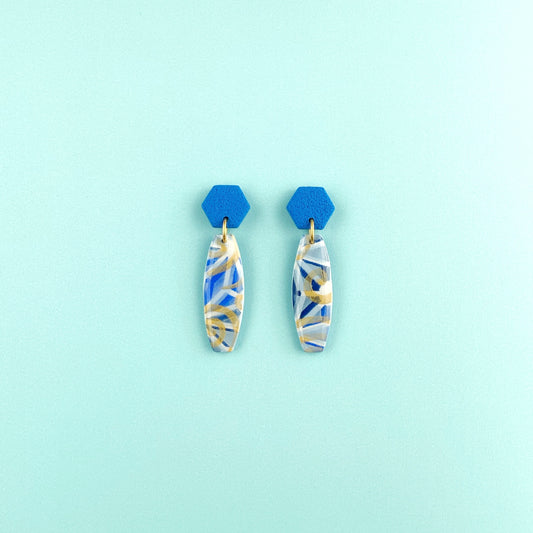 Blue-Gold Bar Earrings with Hexagon Clay Post