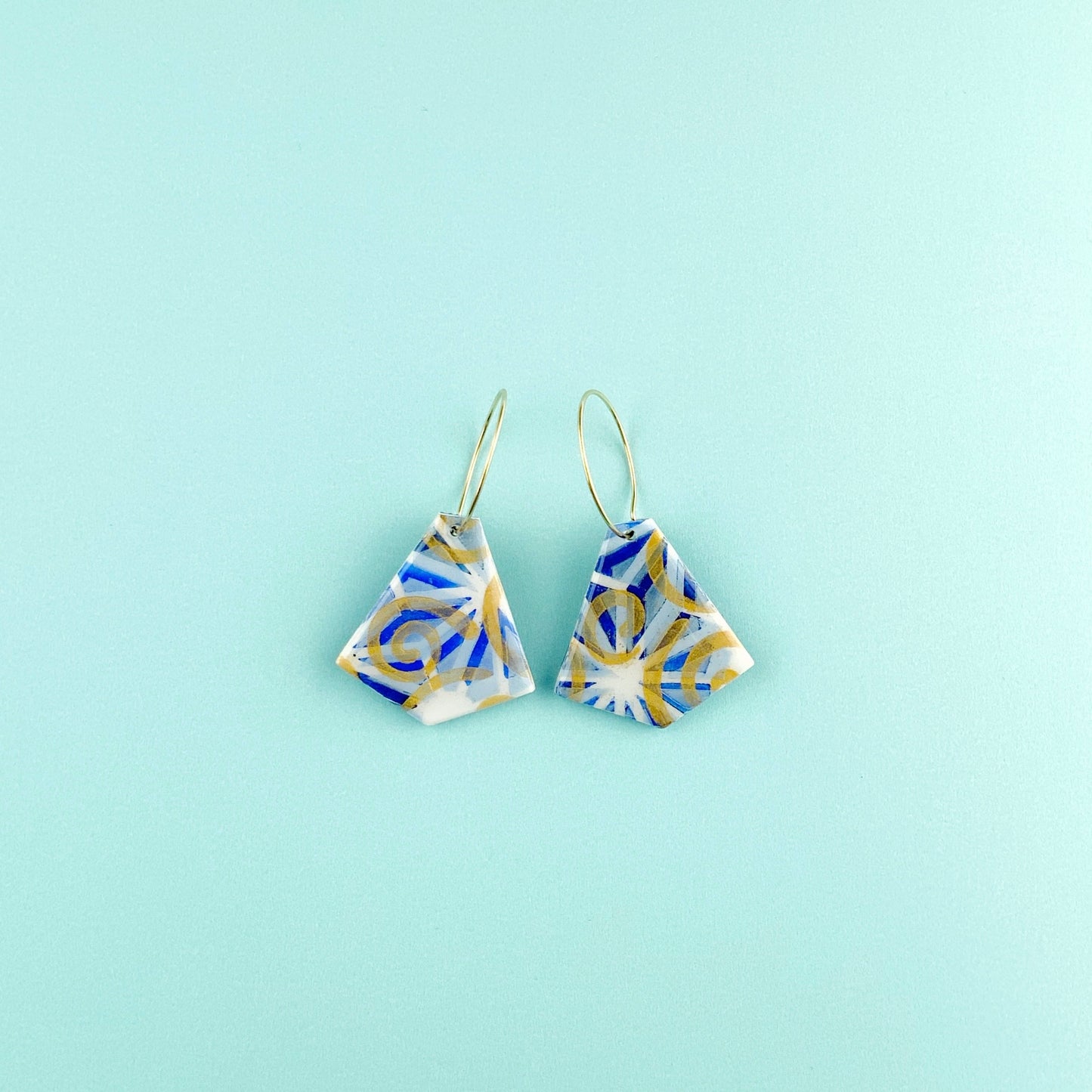 Blue-Gold Triangle Hoop Earrings