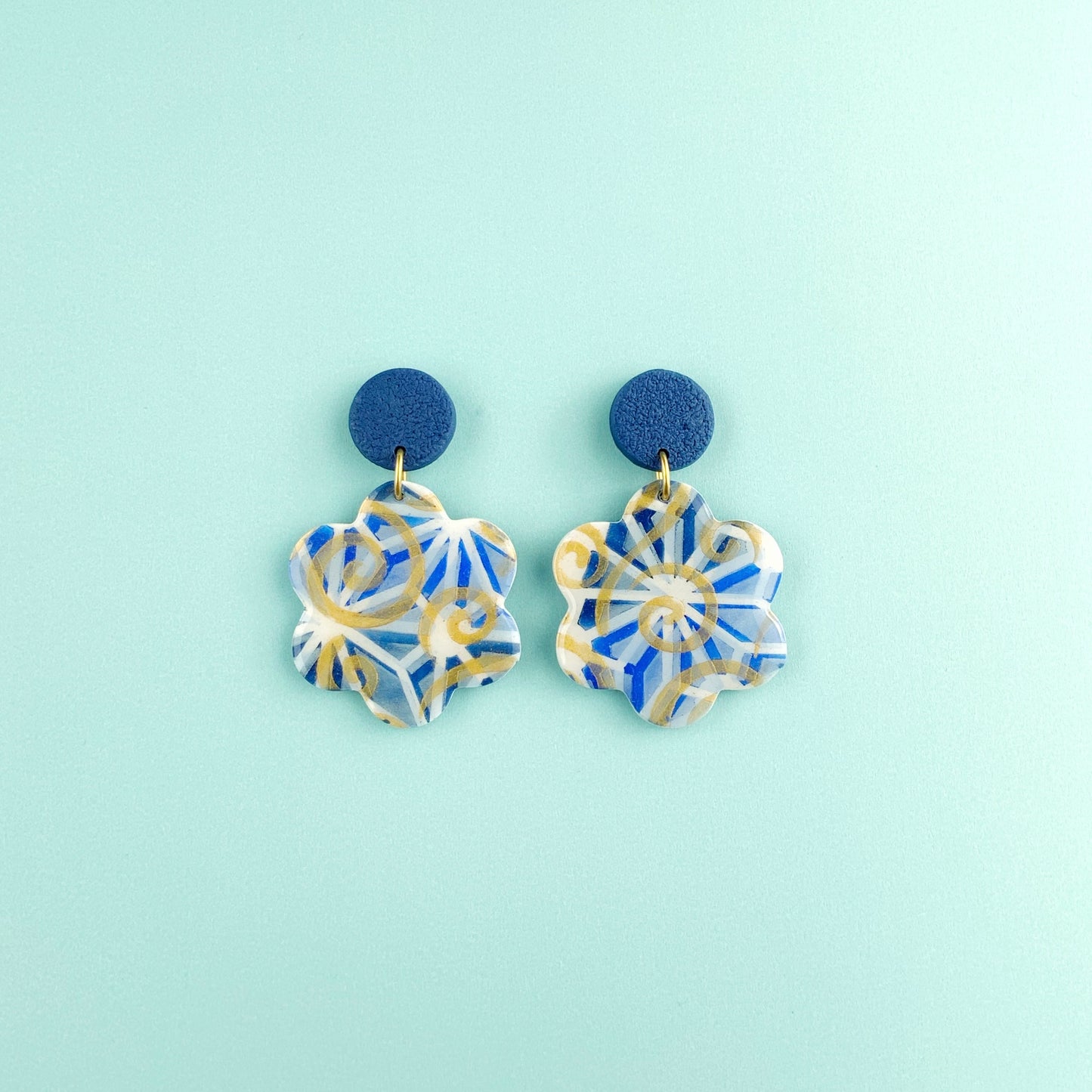 Blue-Gold Flower Dangle Earrings
