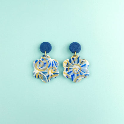 Blue-Gold Flower Dangle Earrings