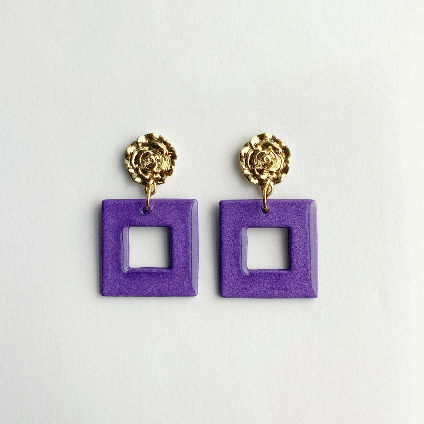 Purple Square Earrings with Flower Brass Post