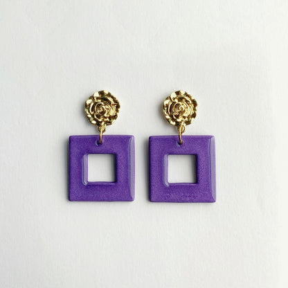 Purple Square Earrings with Flower Brass Post
