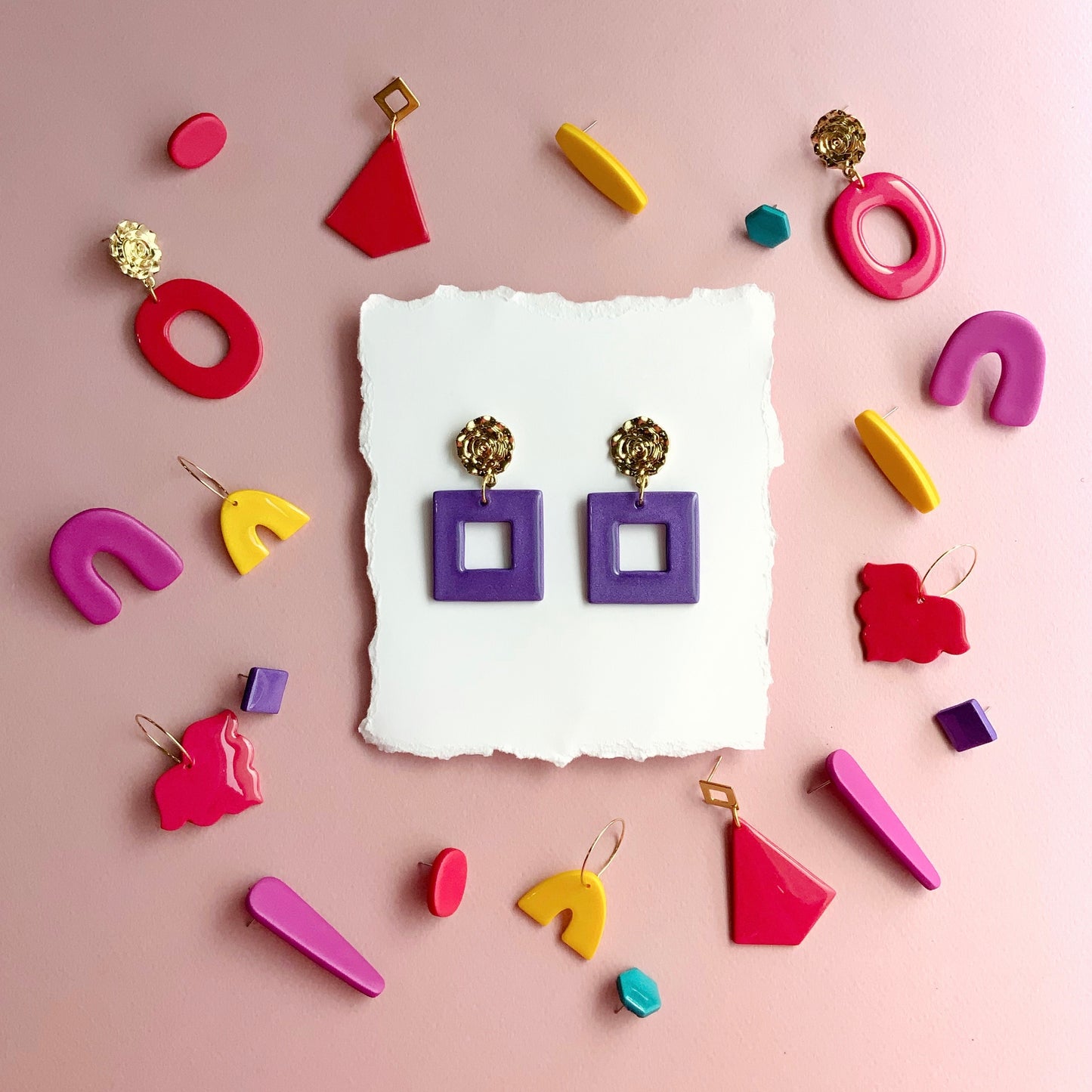 Purple Square Earrings with Flower Brass Post