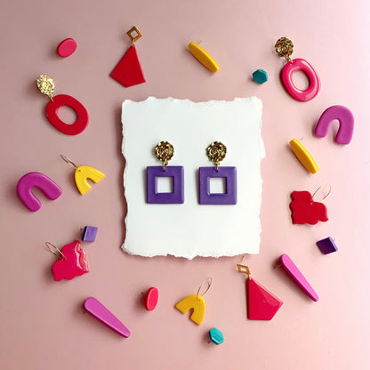 Purple Square Earrings with Flower Brass Post