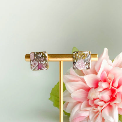 Square Flower Print Stud Earrings-Small Size