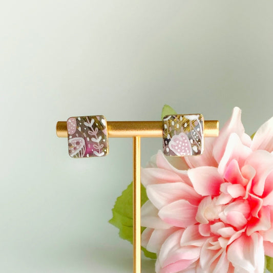 Square Flower Print Stud Earrings-Small Size