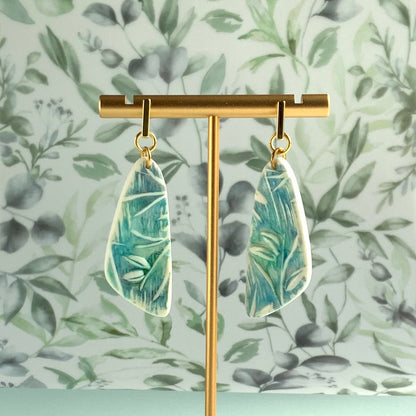 Blue Foliage Dangle Earrings-Bar Brass Post