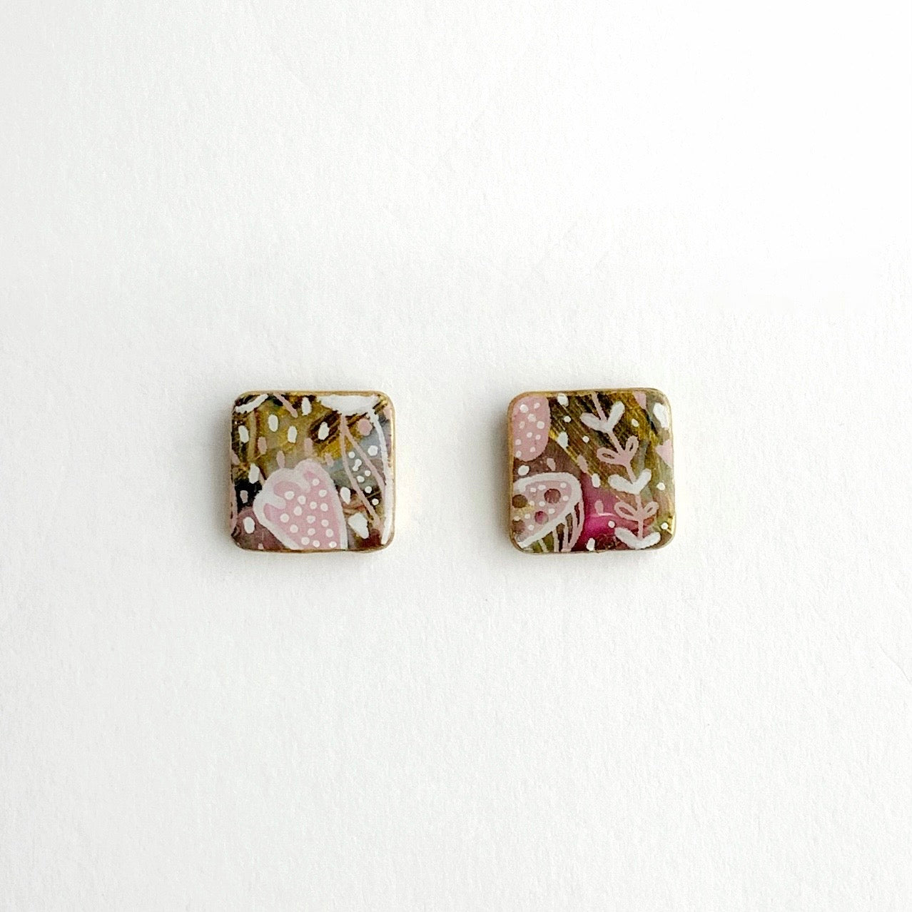 Square Flower Print Stud Earrings-Small Size