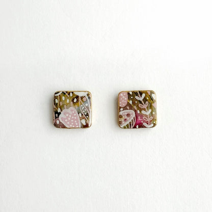 Square Flower Print Stud Earrings-Small Size