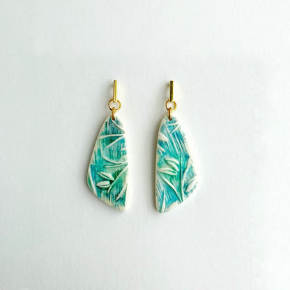 Blue Foliage Dangle Earrings-Bar Brass Post