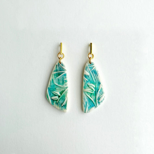 Blue Foliage Dangle Earrings-Bar Brass Post
