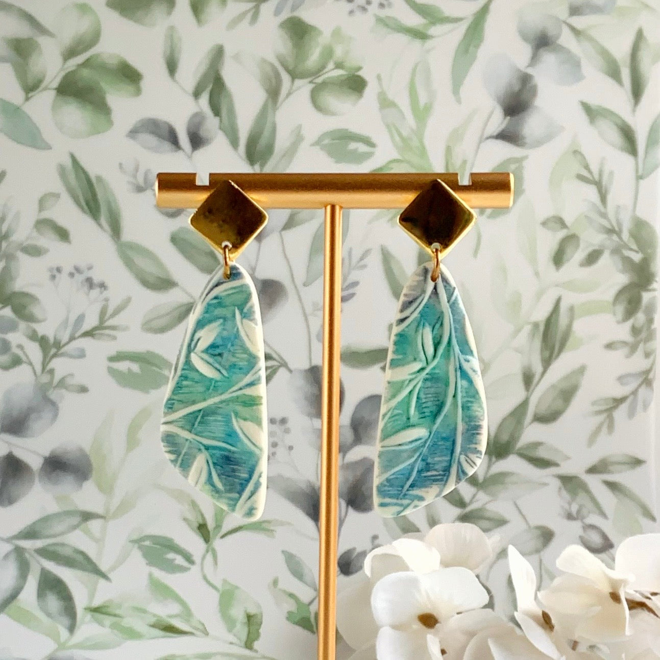 Blue Foliage Earrings-Diamond Brass Post