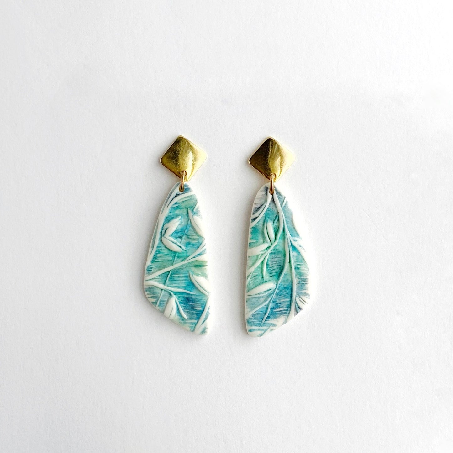 Blue Foliage Earrings-Diamond Brass Post