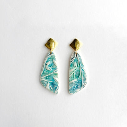 Blue Foliage Earrings-Diamond Brass Post