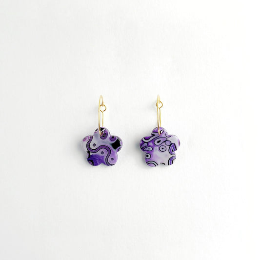 Flower Hoop Earrings in Purple Mokume Gane