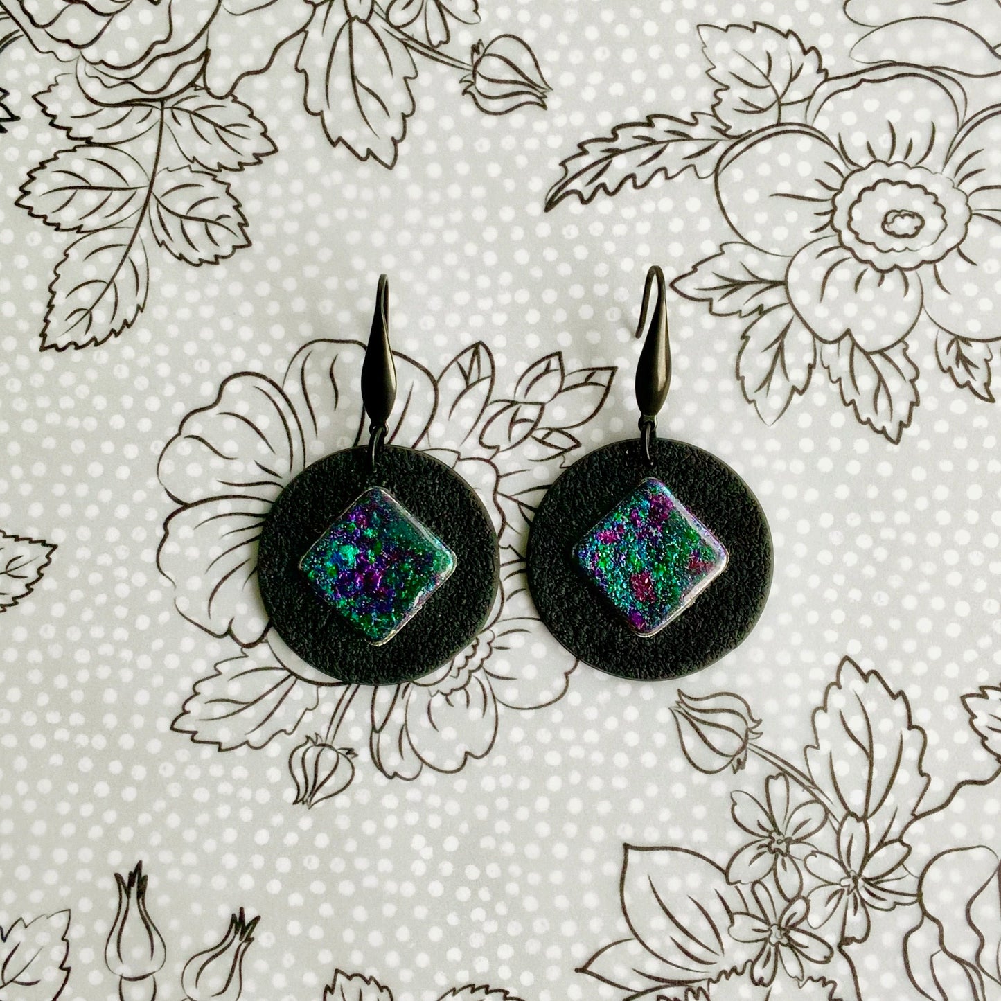 Iridescent focal-Black Circle Hook Earrings