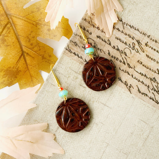 Textured Faux Wood Circle Earrings-Glass Beads