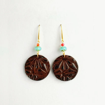 Textured Faux Wood Circle Earrings-Glass Beads