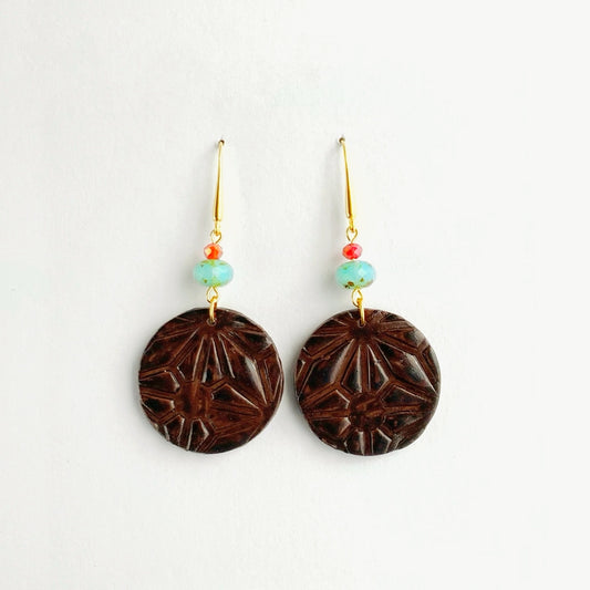 Textured Faux Wood Circle Earrings-Glass Beads