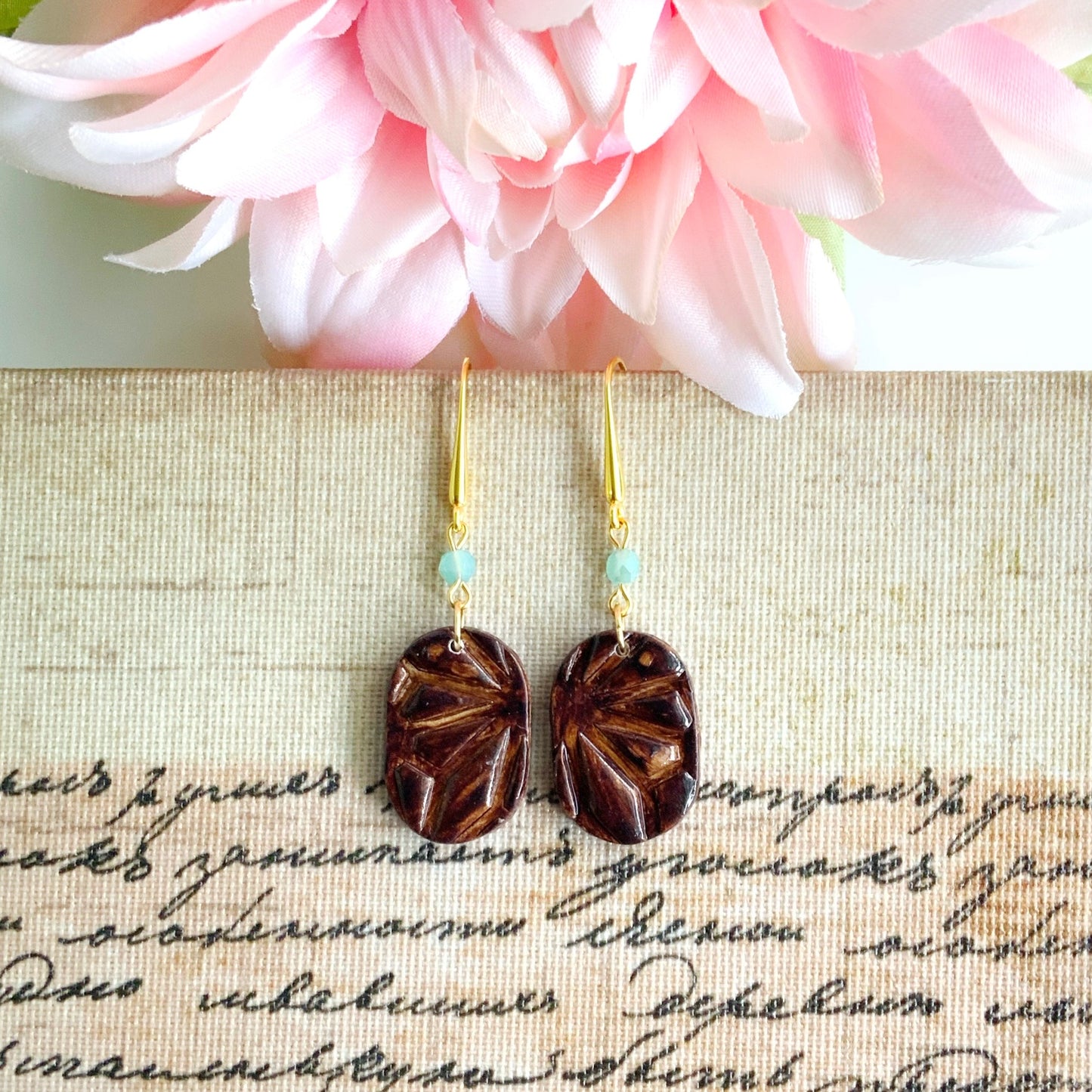 Faux Wood Textured Earrings with Round Glass Beads