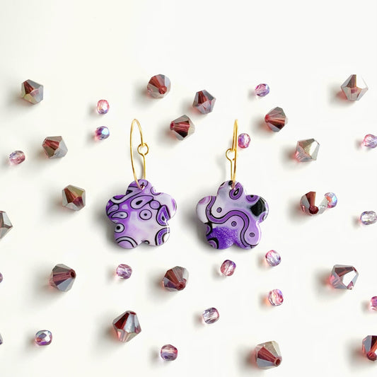 Flower Hoop Earrings in Purple Mokume Gane